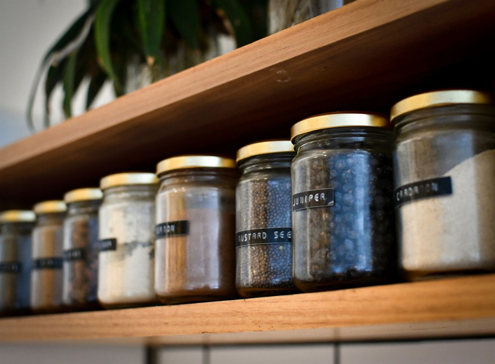 Labeled glass spice jars with gold lids arranged on wooden shelves for organized, space-saving pantry storage. Labeled glass spice jars with gold lids arranged on wooden shelves for organized, space-saving pantry storage.